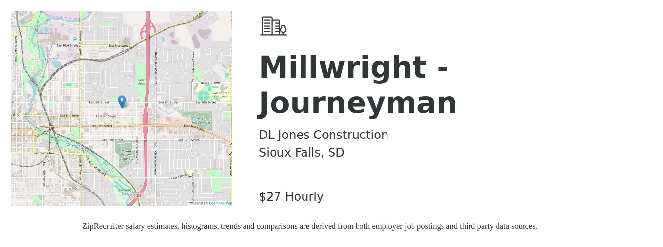 DL Jones Construction job posting for a Millwright - Journeyman in Sioux Falls, SD with a salary of $29 Hourly with a map of Sioux Falls location.