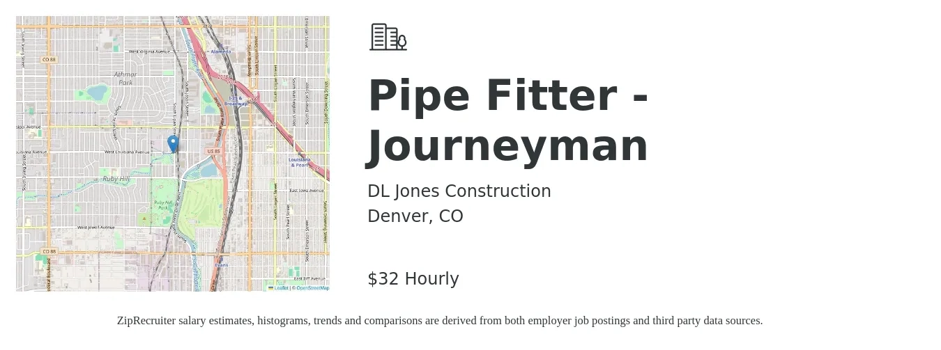 DL Jones Construction job posting for a Pipe Fitter - Journeyman in Denver, CO with a salary of $32 Hourly with a map of Denver location.