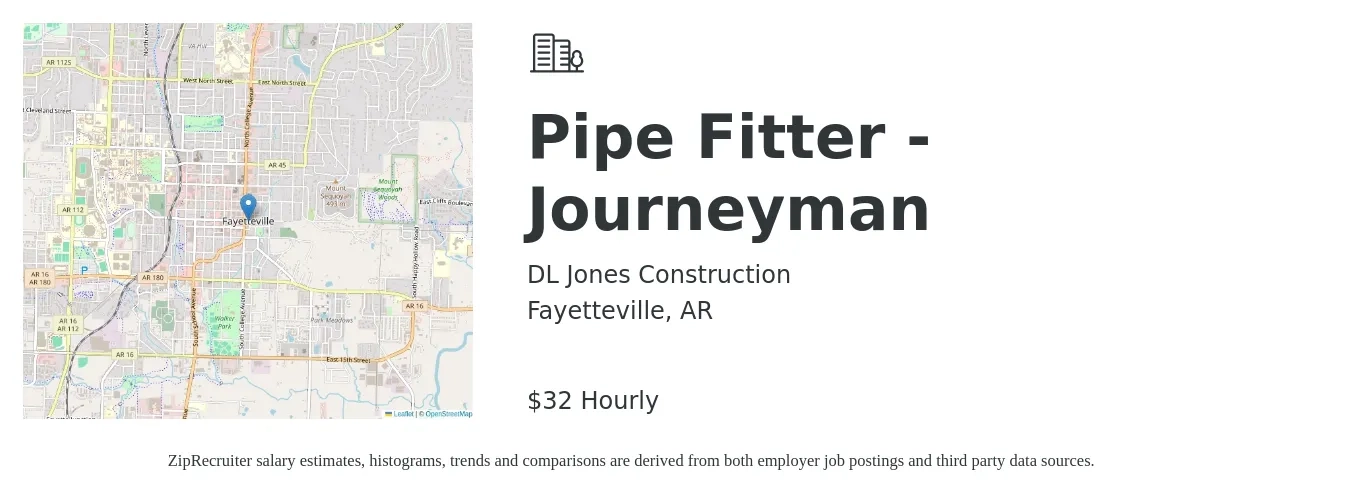 DL Jones Construction job posting for a Pipe Fitter - Journeyman in Fayetteville, AR with a salary of $32 Hourly with a map of Fayetteville location.