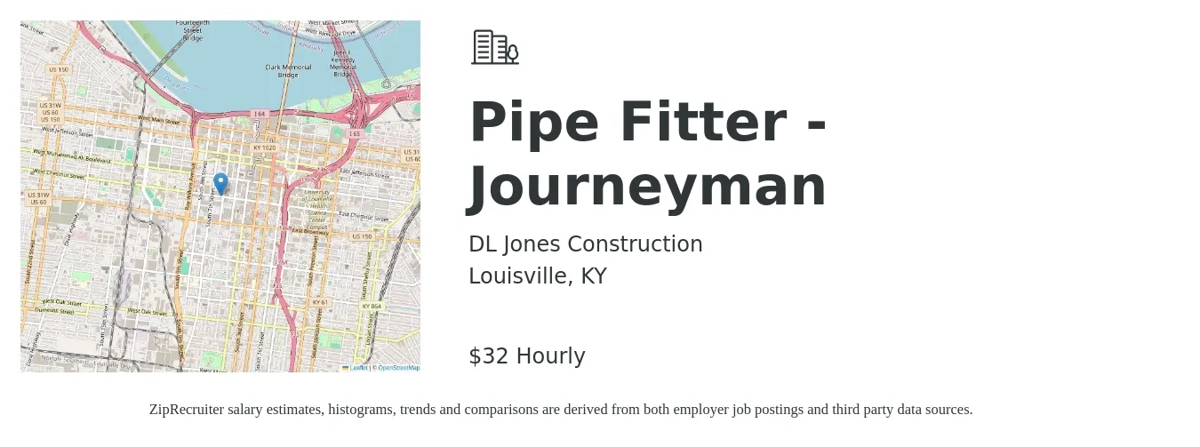 DL Jones Construction job posting for a Pipe Fitter - Journeyman in Louisville, KY with a salary of $32 Hourly with a map of Louisville location.