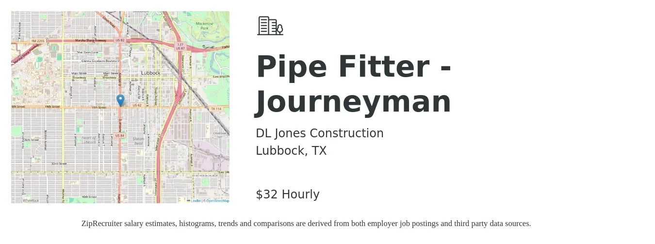 DL Jones Construction job posting for a Pipe Fitter - Journeyman in Lubbock, TX with a salary of $32 Hourly with a map of Lubbock location.
