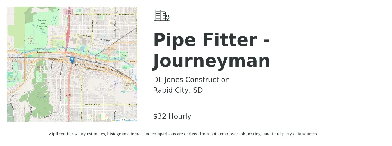 DL Jones Construction job posting for a Pipe Fitter - Journeyman in Rapid City, SD with a salary of $32 Hourly with a map of Rapid City location.