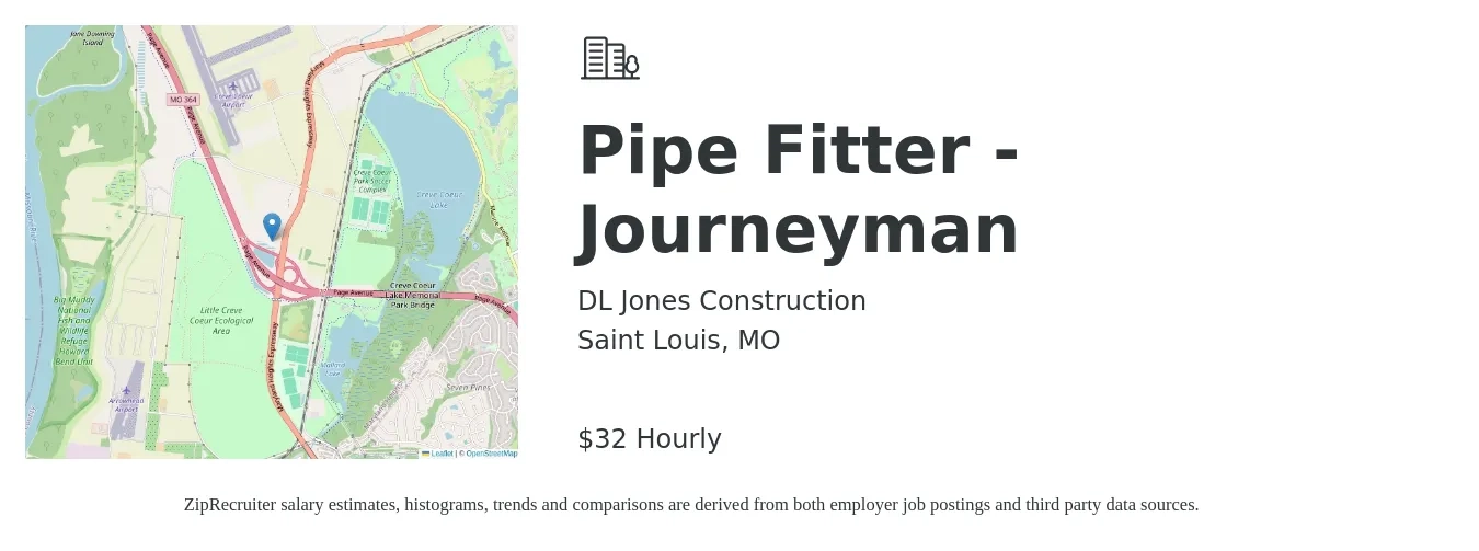 DL Jones Construction job posting for a Pipe Fitter - Journeyman in Saint Louis, MO with a salary of $32 Hourly with a map of Saint Louis location.