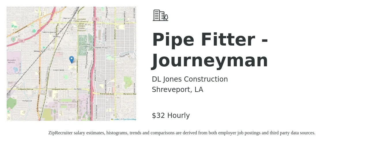 DL Jones Construction job posting for a Pipe Fitter - Journeyman in Shreveport, LA with a salary of $32 Hourly with a map of Shreveport location.