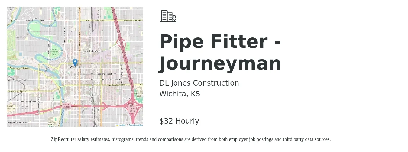 DL Jones Construction job posting for a Pipe Fitter - Journeyman in Wichita, KS with a salary of $32 Hourly with a map of Wichita location.