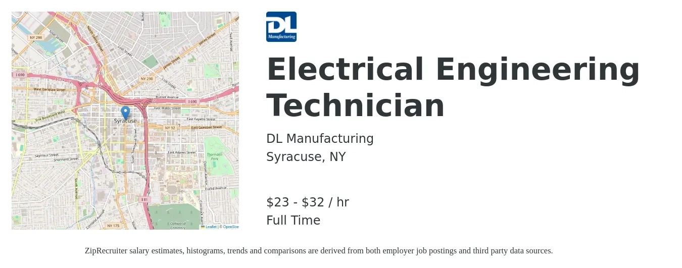 DL Manufacturing job posting for a Electrical Engineering Technician in Syracuse, NY with a salary of $24 to $34 Hourly with a map of Syracuse location.