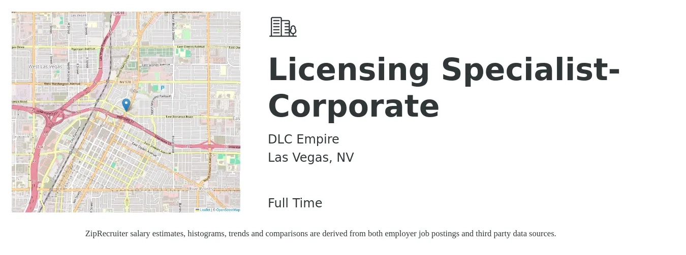 DLC Empire job posting for a Licensing Specialist-Corporate in Las Vegas, NV with a salary of $32,100 to $46,100 Yearly with a map of Las Vegas location.