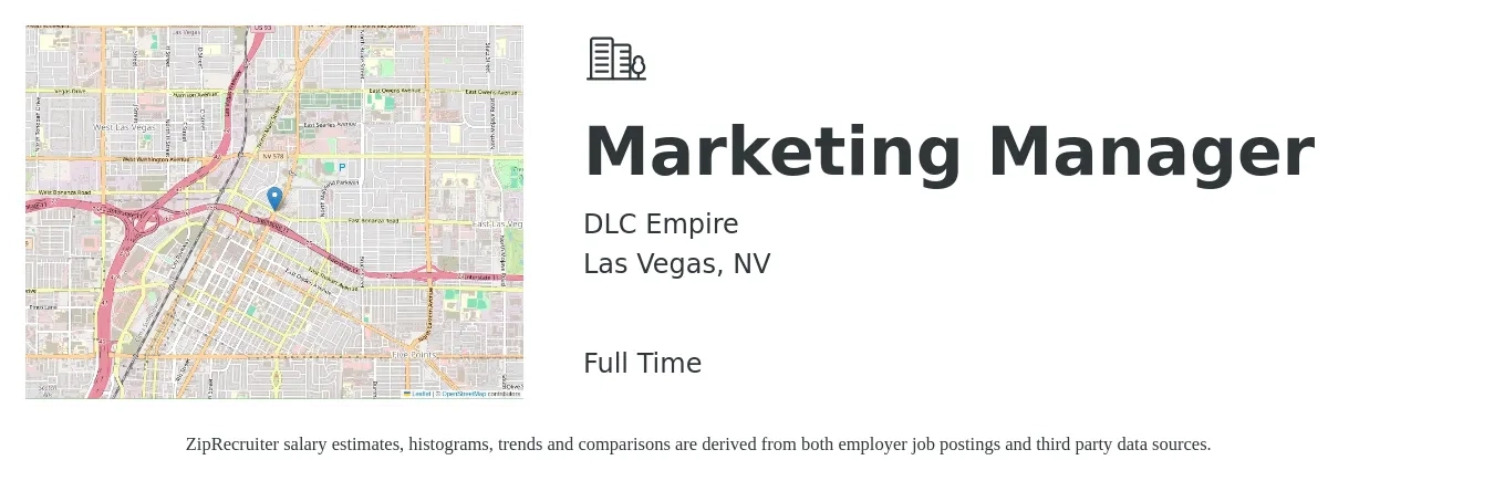 DLC Empire job posting for a Marketing Manager in Las Vegas, NV with a salary of $57,600 to $94,000 Yearly with a map of Las Vegas location.
