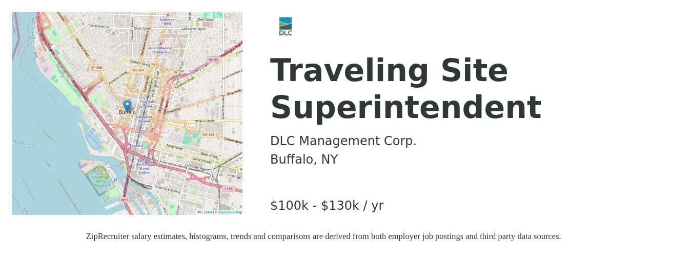 DLC Management Corp. job posting for a Traveling Site Superintendent in Buffalo, NY with a salary of $100,000 to $130,000 Yearly with a map of Buffalo location.
