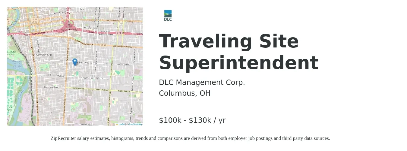 DLC Management Corp. job posting for a Traveling Site Superintendent in Columbus, OH with a salary of $100,000 to $130,000 Yearly with a map of Columbus location.