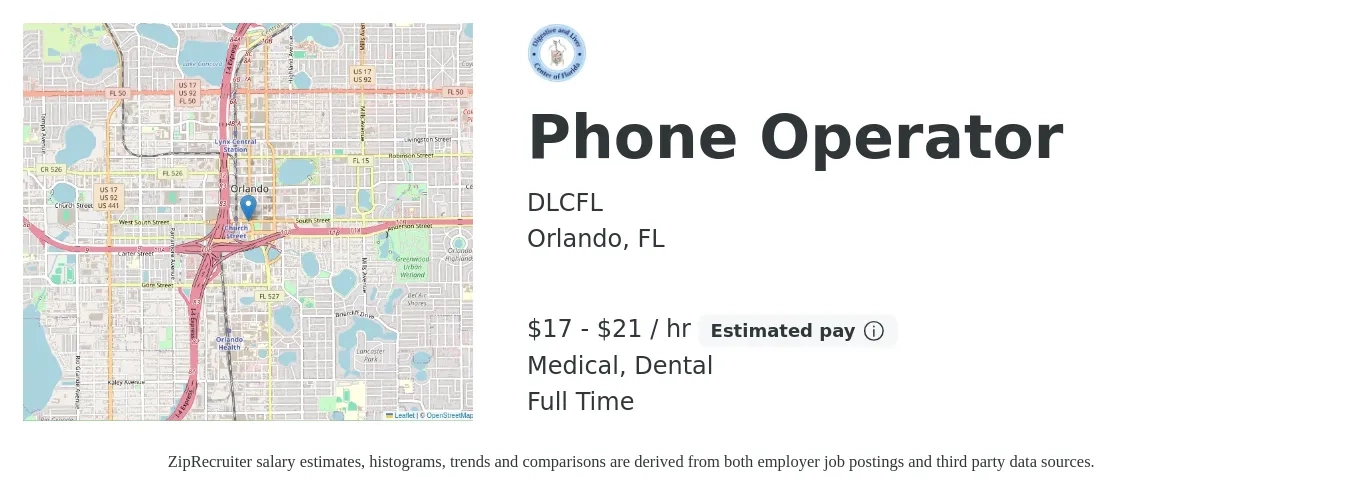 DLCFL job posting for a Phone Operator in Orlando, FL with a salary of $18 to $22 Hourly and benefits including dental, medical, pto, and retirement with a map of Orlando location.