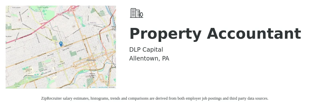 DLP Capital job posting for a Property Accountant in Allentown, PA with a salary of $60,900 to $79,700 Yearly with a map of Allentown location.