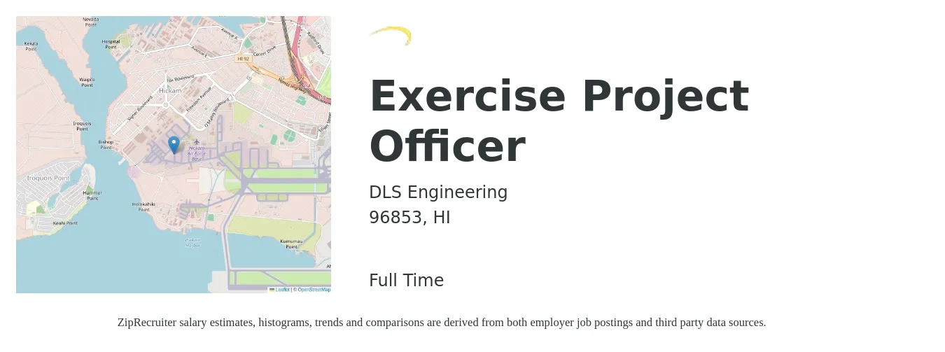 DLS Engineering job posting for a Exercise Project Officer in 96853, HI with a salary of $58,700 to $112,800 Yearly with a map of 96853 location.