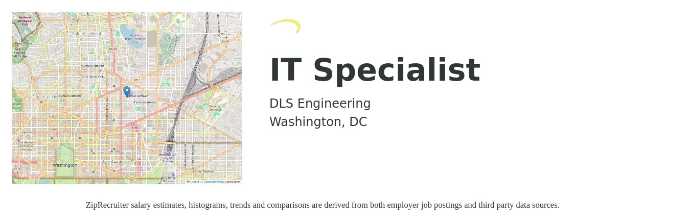 DLS Engineering job posting for a IT Specialist in Washington, DC with a salary of $52,700 to $126,300 Yearly with a map of Washington location.