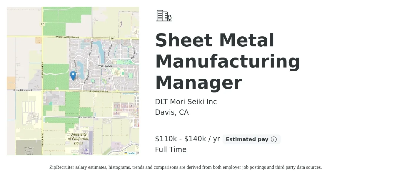 DLT Mori Seiki Inc job posting for a Sheet Metal Manufacturing Manager in Davis, CA with a salary of $110,000 to $140,000 Yearly with a map of Davis location.