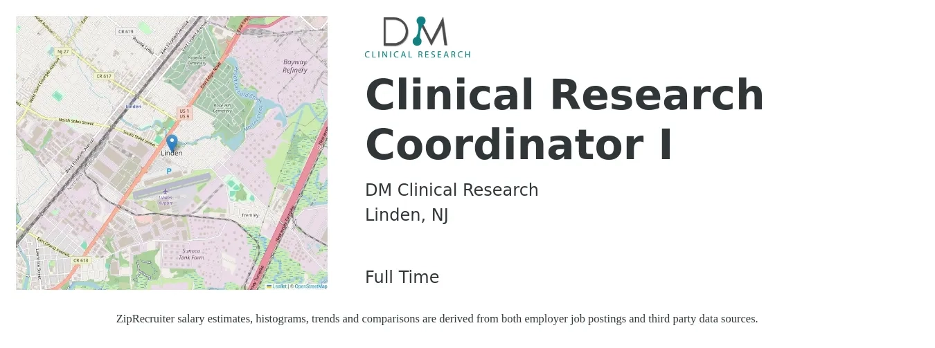DM Clinical Research job posting for a Clinical Research Coordinator I in Linden, NJ with a salary of $25 to $33 Hourly with a map of Linden location.