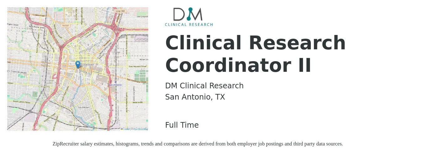 DM Clinical Research job posting for a Clinical Research Coordinator II in San Antonio, TX with a salary of $22 to $30 Hourly with a map of San Antonio location.