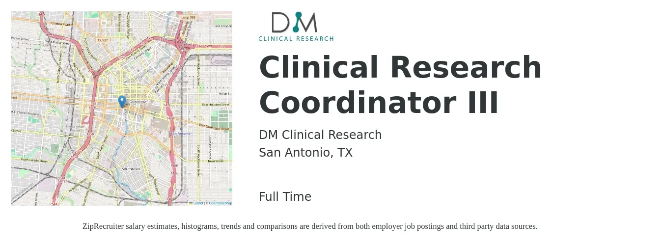 DM Clinical Research job posting for a Clinical Research Coordinator III in San Antonio, TX with a salary of $22 to $30 Hourly with a map of San Antonio location.