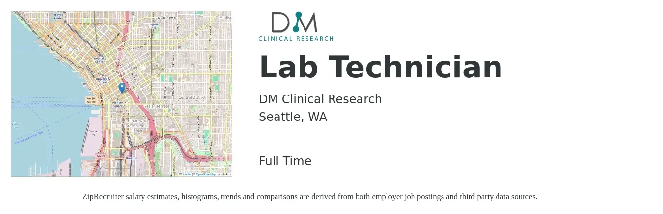 DM Clinical Research job posting for a Lab Technician in Seattle, WA with a salary of $22 to $29 Hourly with a map of Seattle location.