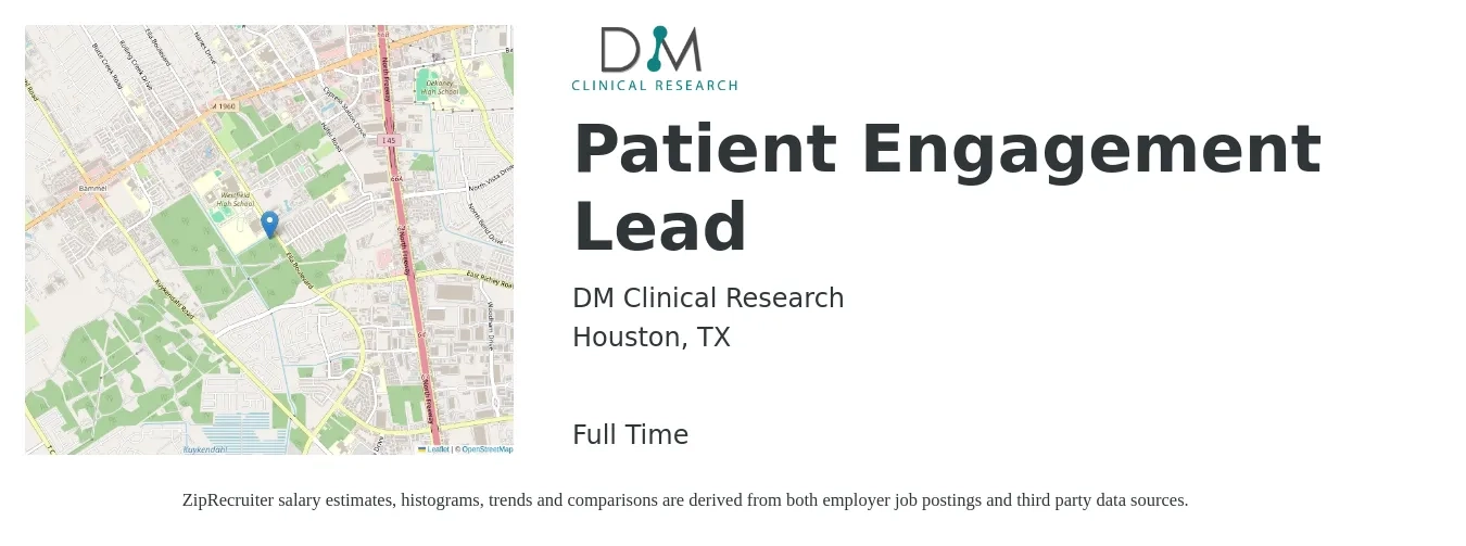 DM Clinical Research job posting for a Patient Engagement Lead in Houston, TX with a salary of $19 to $32 Hourly with a map of Houston location.