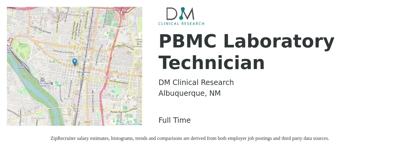 DM Clinical Research job posting for a PBMC Laboratory Technician in Albuquerque, NM with a salary of $18 to $24 Hourly with a map of Albuquerque location.