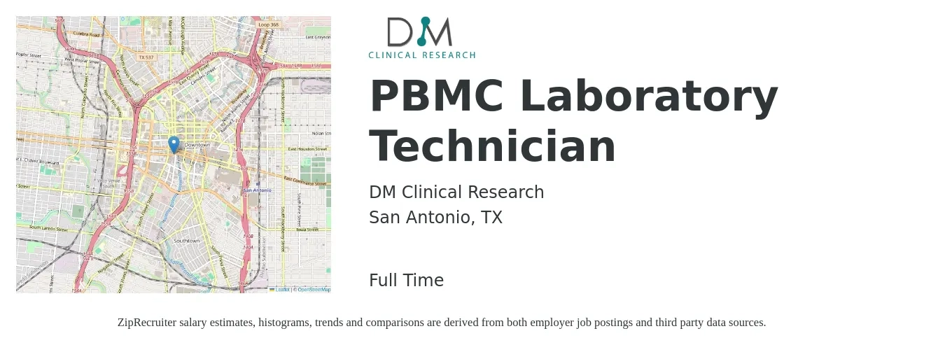 DM Clinical Research job posting for a PBMC Laboratory Technician in San Antonio, TX with a salary of $17 to $23 Hourly with a map of San Antonio location.
