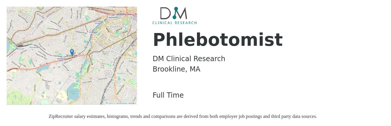 DM Clinical Research job posting for a Phlebotomist in Brookline, MA with a salary of $18 to $22 Hourly with a map of Brookline location.