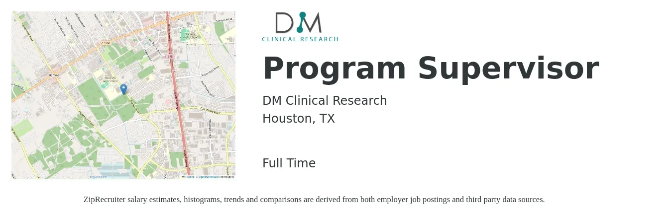DM Clinical Research job posting for a Program Supervisor in Houston, TX with a salary of $17 to $29 Hourly with a map of Houston location.