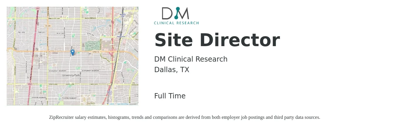 DM Clinical Research job posting for a Site Director in Dallas, TX with a salary of $18 to $30 Hourly with a map of Dallas location.