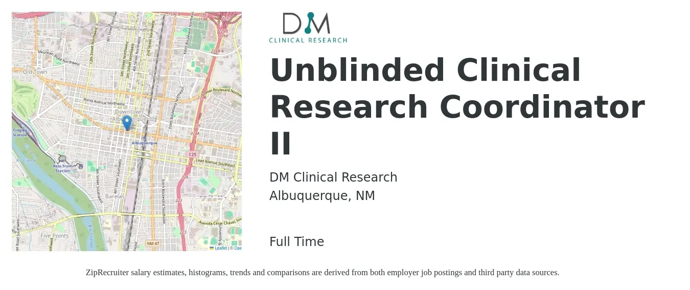 DM Clinical Research job posting for a Unblinded Clinical Research Coordinator II in Albuquerque, NM with a salary of $24 to $31 Hourly with a map of Albuquerque location.