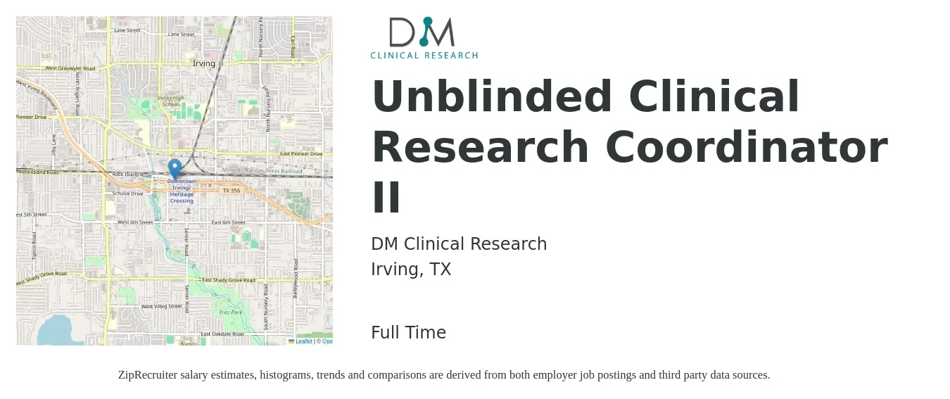 DM Clinical Research job posting for a Unblinded Clinical Research Coordinator II in Irving, TX with a salary of $22 to $30 Hourly with a map of Irving location.