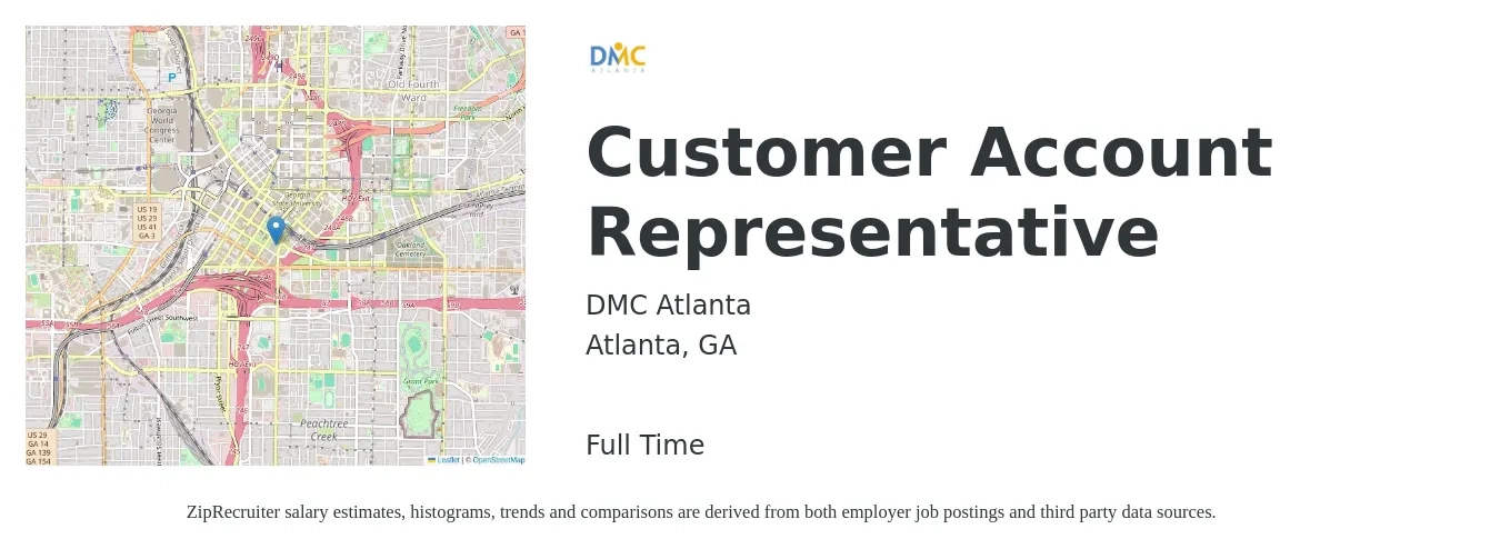 DMC Atlanta job posting for a Customer Account Representative in Atlanta, GA with a salary of $3,400 to $5,000 Monthly with a map of Atlanta location.