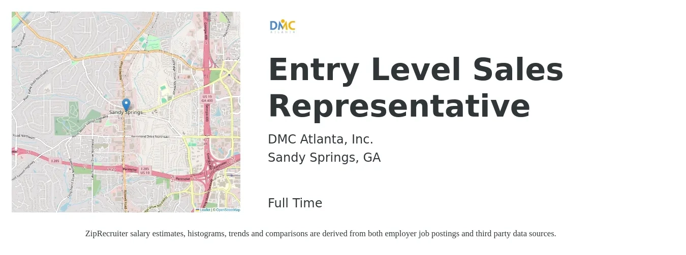 DMC Atlanta, Inc. job posting for a Entry Level Sales Representative in Sandy Springs, GA with a salary of $600 to $800 Weekly with a map of Sandy Springs location.