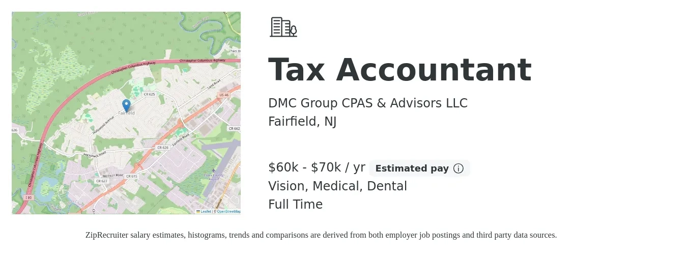 DMC Group CPAS & Advisors LLC job posting for a Tax Accountant in Fairfield, NJ with a salary of $60,000 to $70,000 Yearly and benefits including retirement, vision, dental, life_insurance, medical, and pto with a map of Fairfield location.