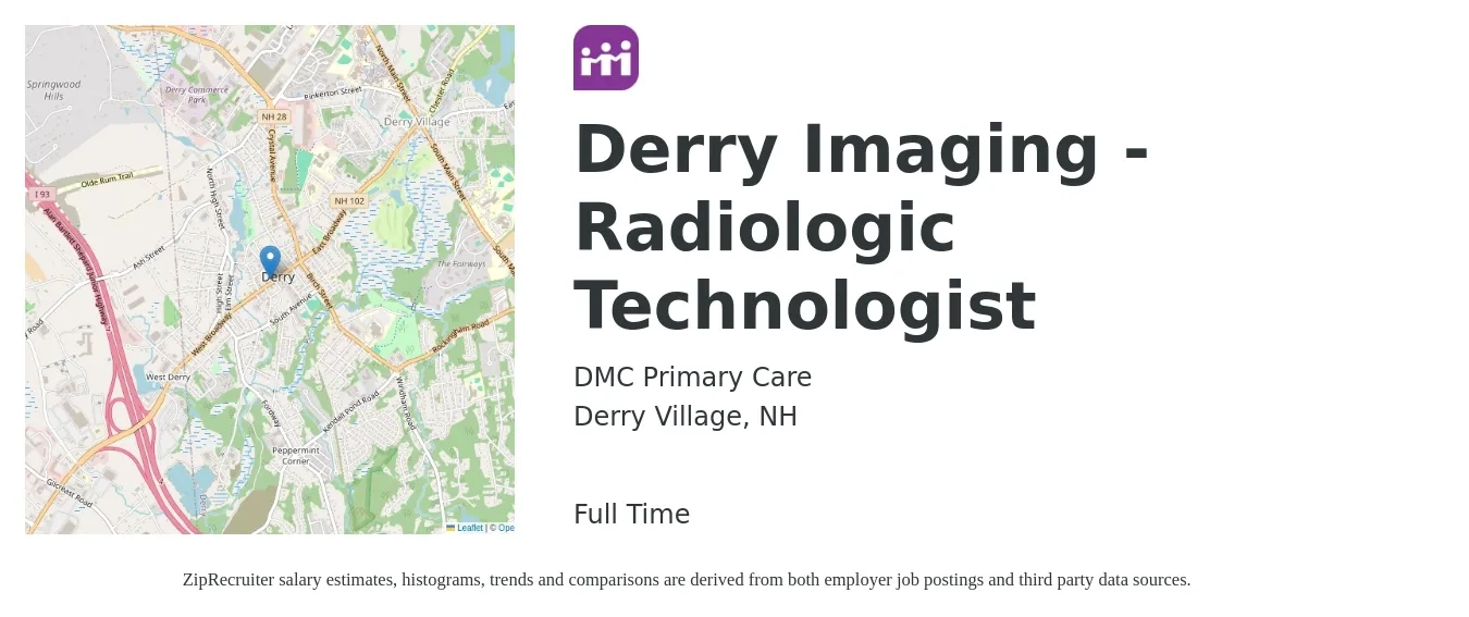DMC Primary Care job posting for a Derry Imaging - Radiologic Technologist in Derry Village, NH with a salary of $1,210 to $2,510 Weekly with a map of Derry Village location.