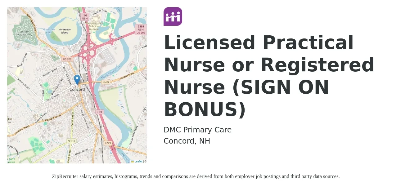 DMC Primary Care job posting for a Licensed Practical Nurse or Registered Nurse (SIGN ON BONUS) in Concord, NH with a salary of $28 to $37 Hourly with a map of Concord location.