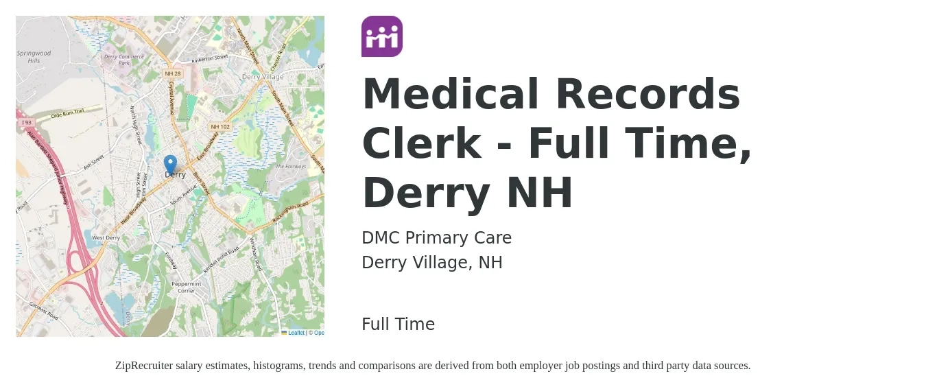 DMC Primary Care job posting for a Medical Records Clerk - Full Time, Derry NH in Derry Village, NH with a salary of $16 to $20 Hourly with a map of Derry Village location.