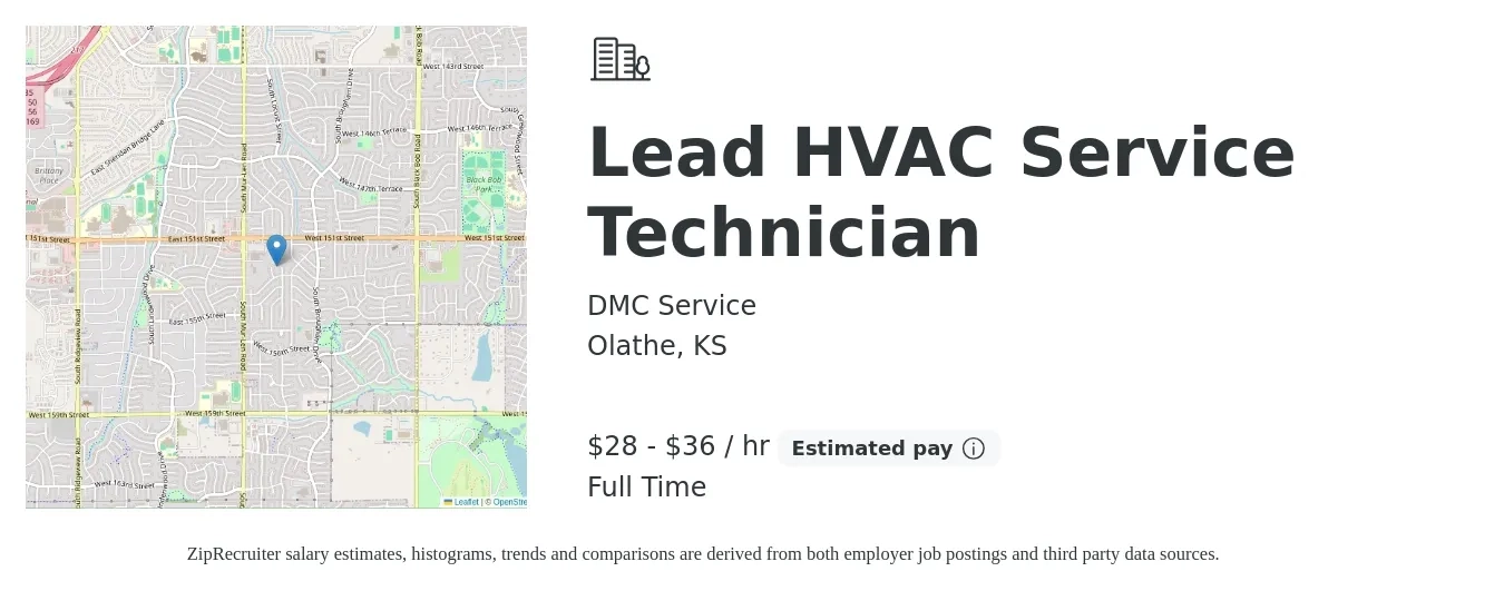 DMC Service job posting for a Lead HVAC Service Technician in Olathe, KS with a salary of $30 to $38 Hourly with a map of Olathe location.