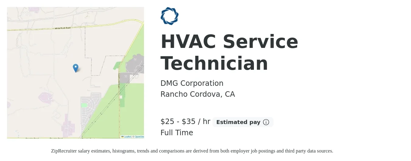 DMG Corporation job posting for a HVAC Service Technician in Rancho Cordova, CA with a salary of $27 to $37 Hourly with a map of Rancho Cordova location.