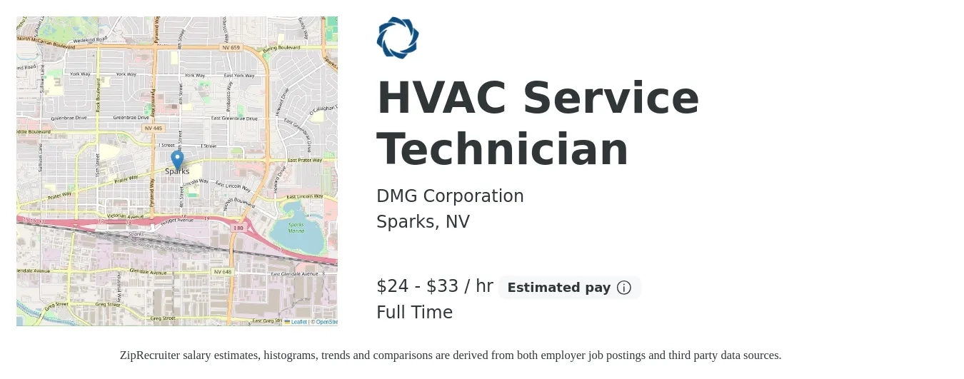 DMG Corporation job posting for a HVAC Service Technician in Sparks, NV with a salary of $25 to $35 Hourly with a map of Sparks location.