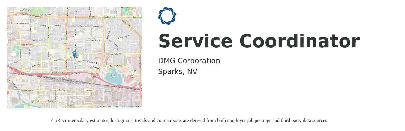 DMG Corporation job posting for a Service Coordinator in Sparks, NV with a salary of $25 to $35 Hourly with a map of Sparks location.