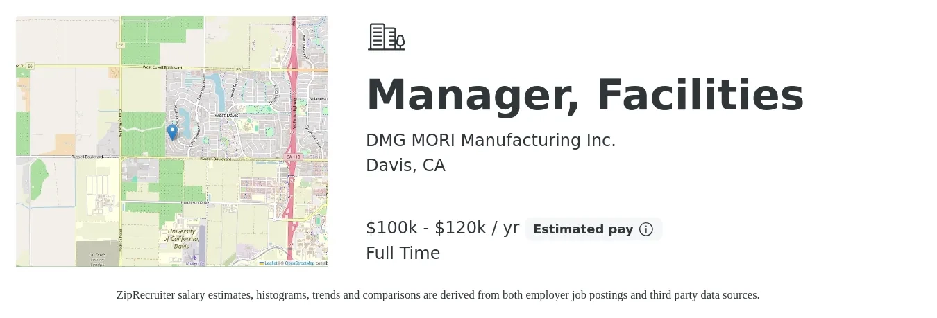 DMG MORI Manufacturing Inc. job posting for a Manager, Facilities in Davis, CA with a salary of $100,000 to $120,000 Yearly with a map of Davis location.