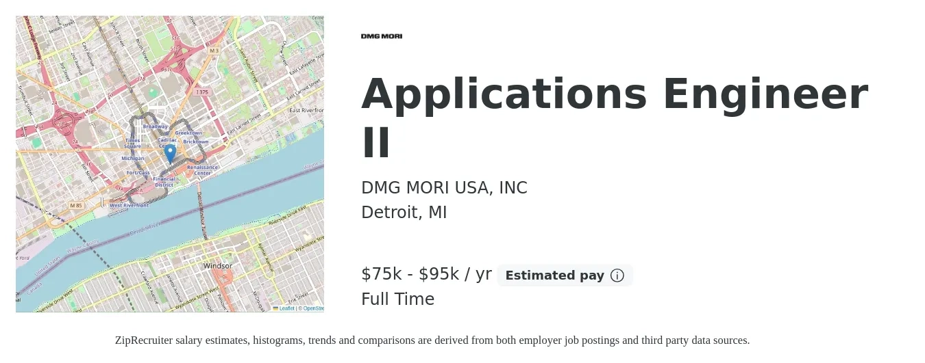 DMG MORI USA, INC job posting for a Applications Engineer II in Detroit, MI with a salary of $75,000 to $95,000 Yearly with a map of Detroit location.