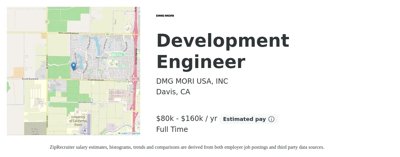 DMG MORI USA, INC job posting for a Development Engineer in Davis, CA with a salary of $80,000 to $160,000 Yearly with a map of Davis location.