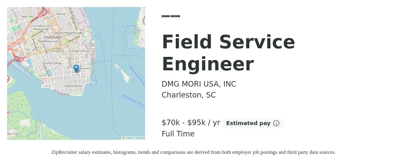 DMG MORI USA, INC job posting for a Field Service Engineer in Charleston, SC with a salary of $70,000 to $95,000 Yearly with a map of Charleston location.