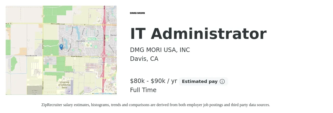 DMG MORI USA, INC job posting for a IT Administrator in Davis, CA with a salary of $80,000 to $90,000 Yearly with a map of Davis location.