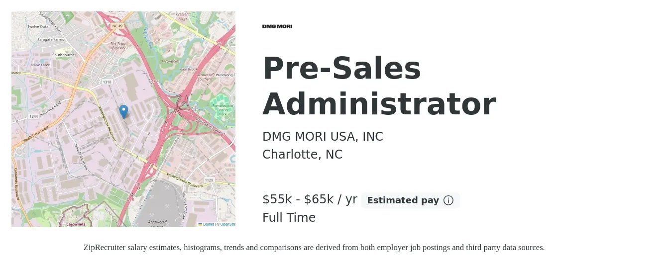 DMG MORI USA, INC job posting for a Pre-Sales Administrator in Charlotte, NC with a salary of $55,000 to $65,000 Yearly with a map of Charlotte location.