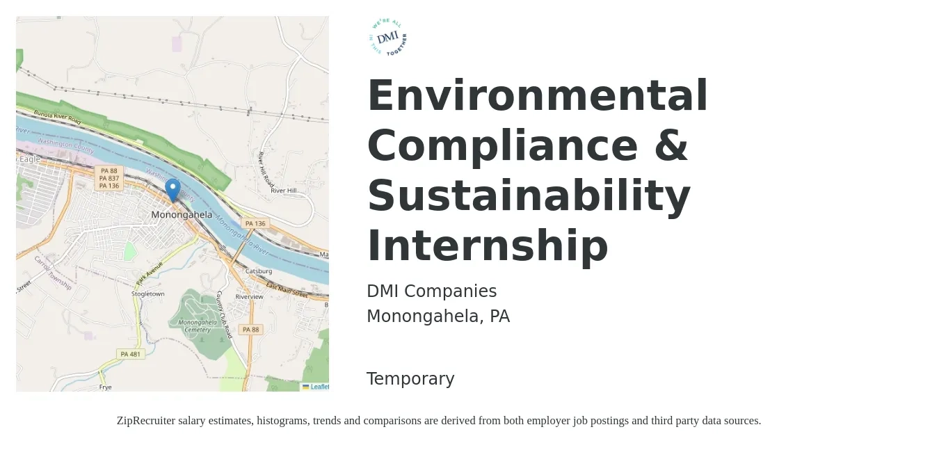DMI Companies job posting for a Environmental Compliance & Sustainability Internship in Monongahela, PA with a salary of $14 to $18 Hourly with a map of Monongahela location.