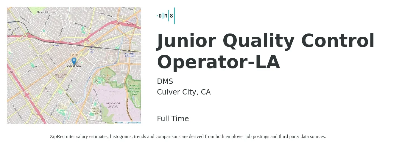 DMS job posting for a Junior Quality Control Operator-LA in Culver City, CA with a salary of $18 to $23 Hourly with a map of Culver City location.