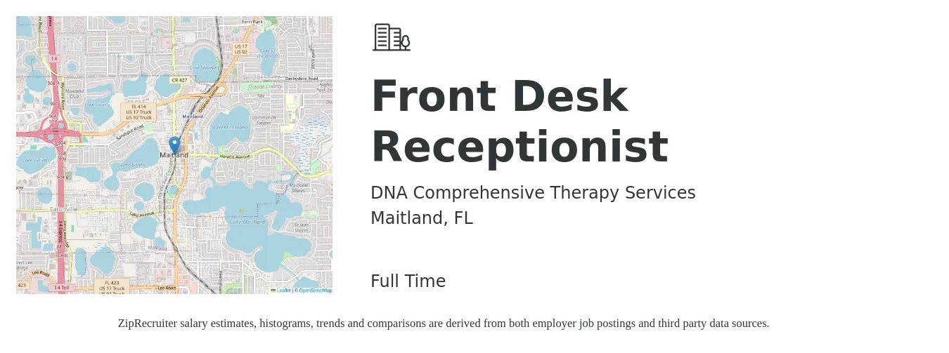 DNA Comprehensive Therapy Services job posting for a Front Desk Receptionist in Maitland, FL with a salary of $14 to $18 Hourly with a map of Maitland location.